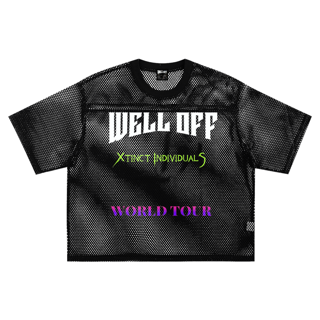 See-through"WELL OFF - XtincT IndividualS" Collab Boxy Net T-Shirt