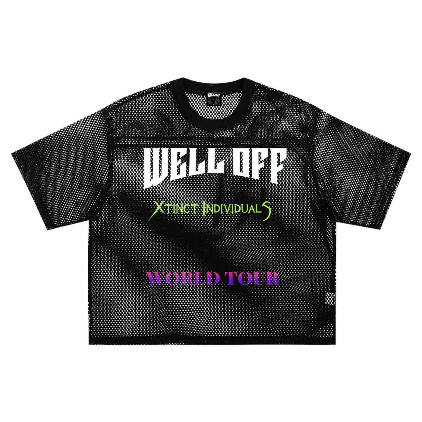 See-through"WELL OFF - XtincT IndividualS" Collab Boxy Net T-Shirt