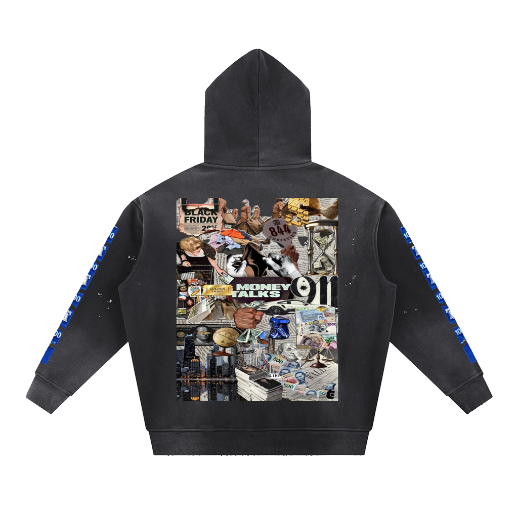 Vintage Washed Frayed "WELL OFF" Fleece Hoodie