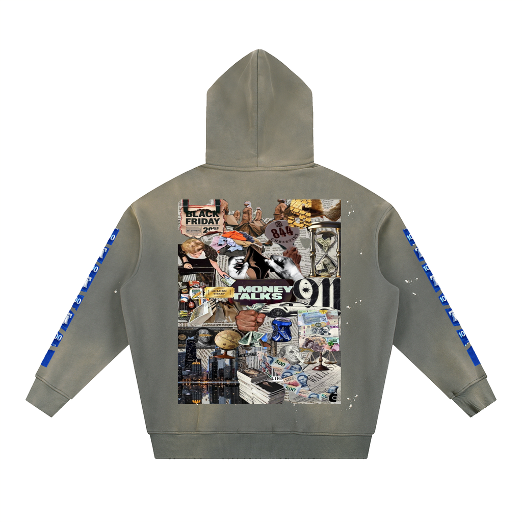 Vintage Washed Frayed "WELL OFF" Fleece Hoodie