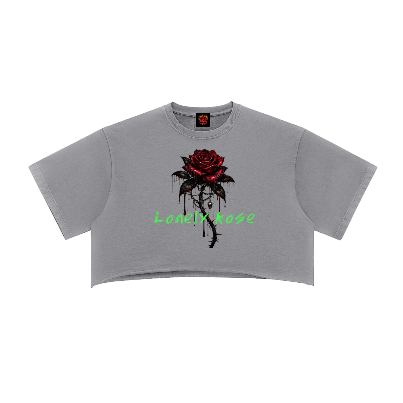 Womens Snow Washed Raw Edge "Lonely Rose" Crop Top