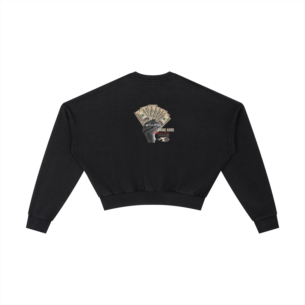 Womens Vintage "WELL OFF" Washed Cropped Sweatshirt