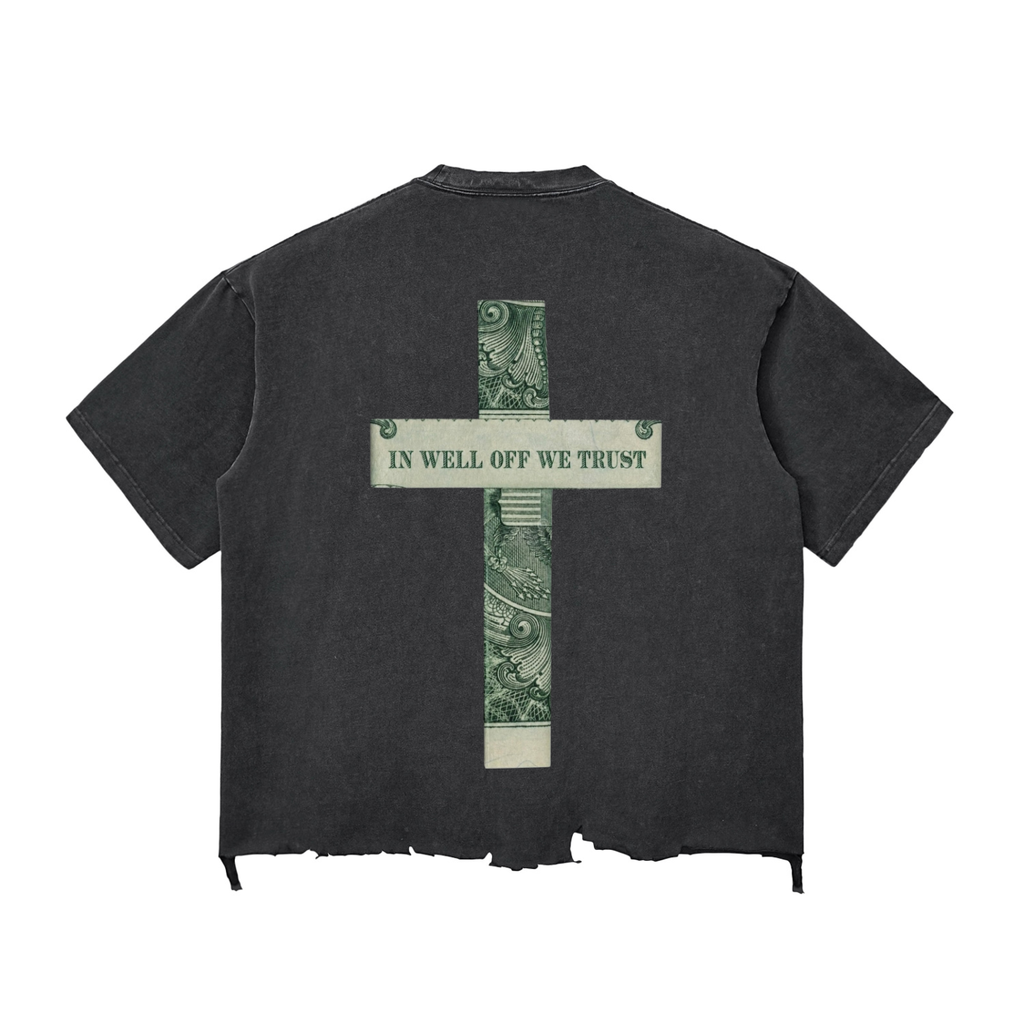Snow Wash Raw-Hem Boxy "WELL OFF" T-shirt