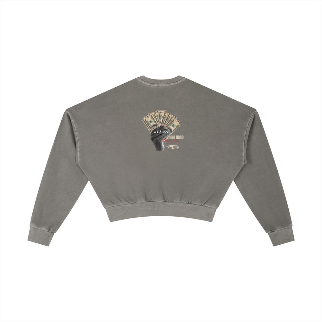 Womens Vintage "WELL OFF" Washed Cropped Sweatshirt