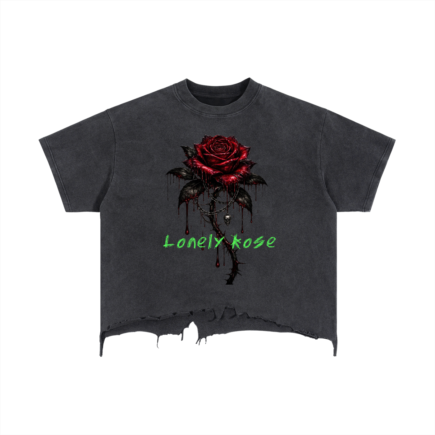 Mens "Lonely Rose" Vintage Wash Boxy Distressed Hem T-Shirt